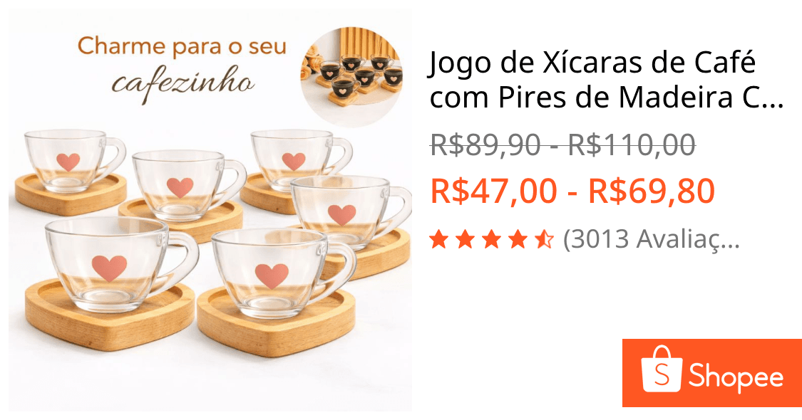 Jogo de Xícaras de Café com Pires de Madeira Coração Cantinho do Café Kit Presente Feminino