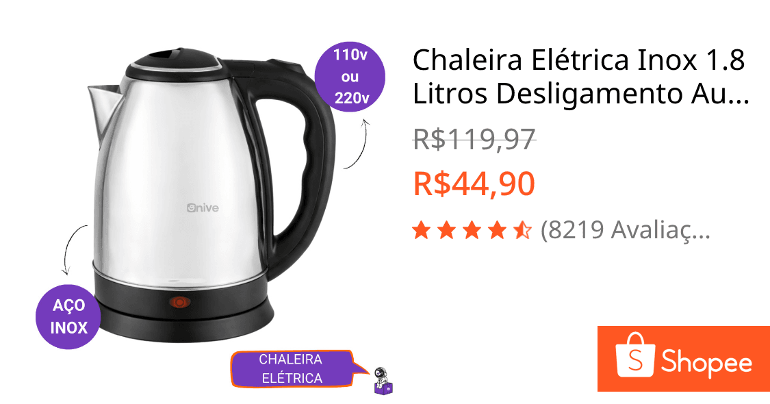 Chaleira Elétrica Inox 1.8 Litros Desligamento Automático Aquecimento Rápido