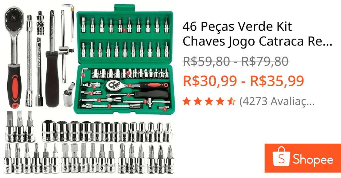 46 Peças Verde Kit Chaves Jogo Catraca Reversível Soquetes Maleta Promoção
